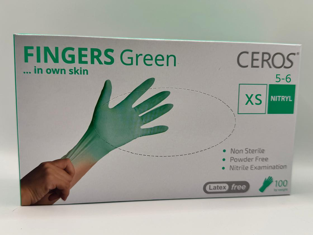 Рукавички нітрилові оглядові нестерильні неприпудрені Ceros Fingers Green, XS